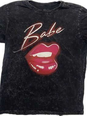 Mighty Fine Black Tee with Pink Lip 'Babe' Graphic